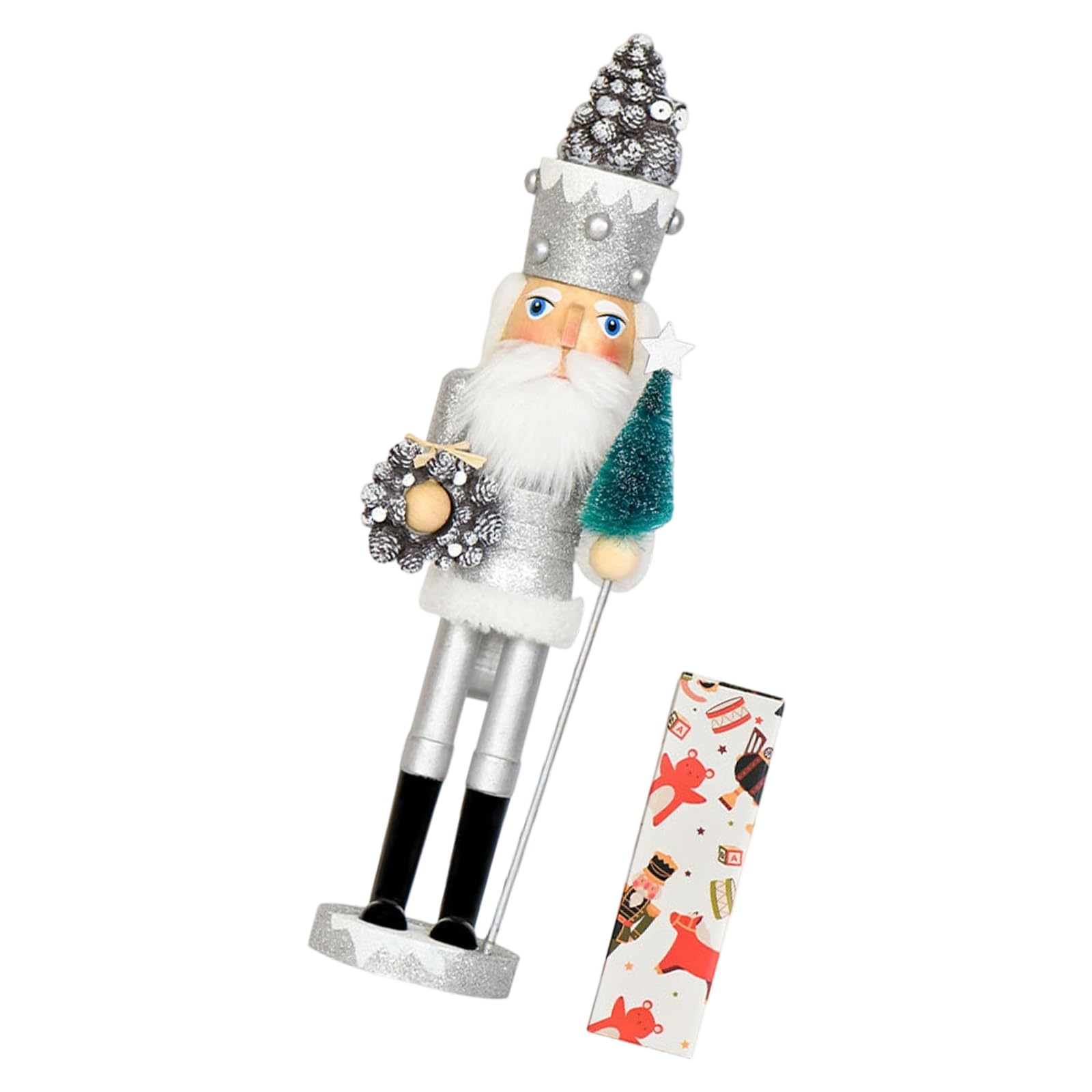 carotoe Handcrafted Wooden Nutcrackers Ornament Christmas Tree with Silver Wreath 42Cm Tall Festives Party Decoration Holiday Party Deck Nutpick