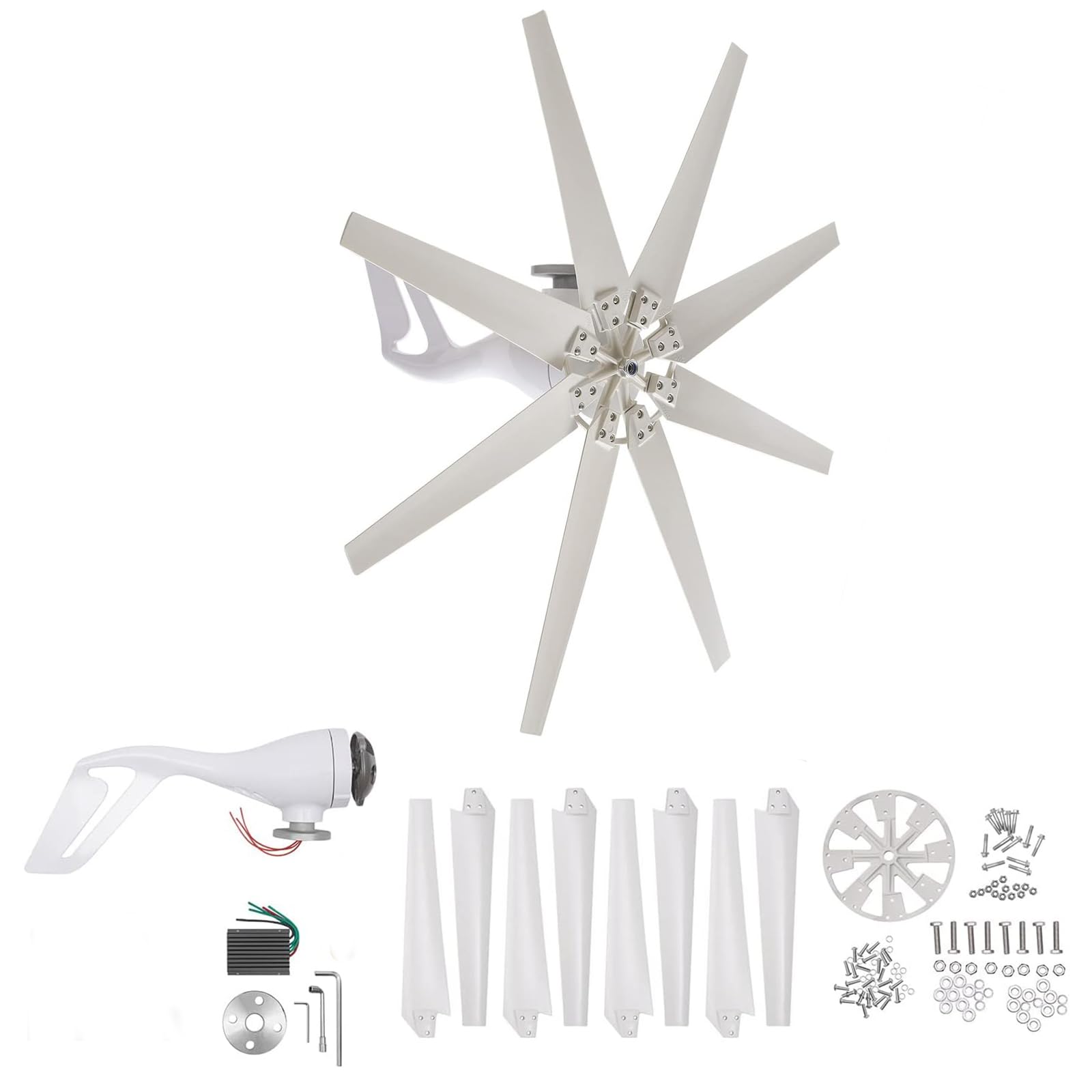 Kit di generatore di turbina a Vento 800W 12V 24V 8 Blade, Kit Generatore di Vento con Controller di Carica, generatore di energia eolica Adatto per Esterno/Villaggio (Bianco)