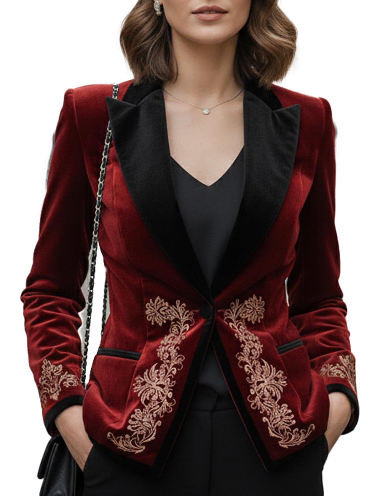 Elegant Black Collar Velvet Blazer for Women Gold Embroidered Luxury Jacket Tailored Fit Formal Wedding Event Blazer