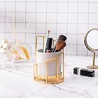 Vista 4 de Soporte de bolígrafo blanco y dorado para escritorio, vaso de lápices, soporte de cerámica con marco de metal, soporte para brochas de maquillaje