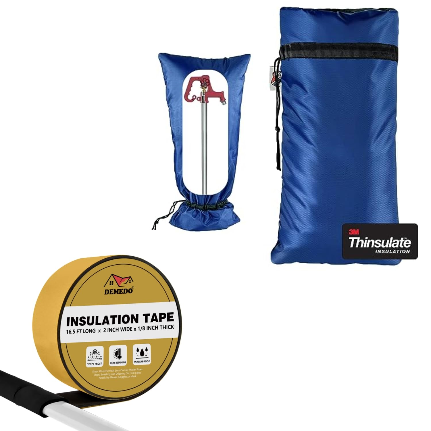 35”H x 15”W Extended Outdoor Faucet Covers for Winter - Blue, 16.5FT x 2 in Pipe Insulation Tape