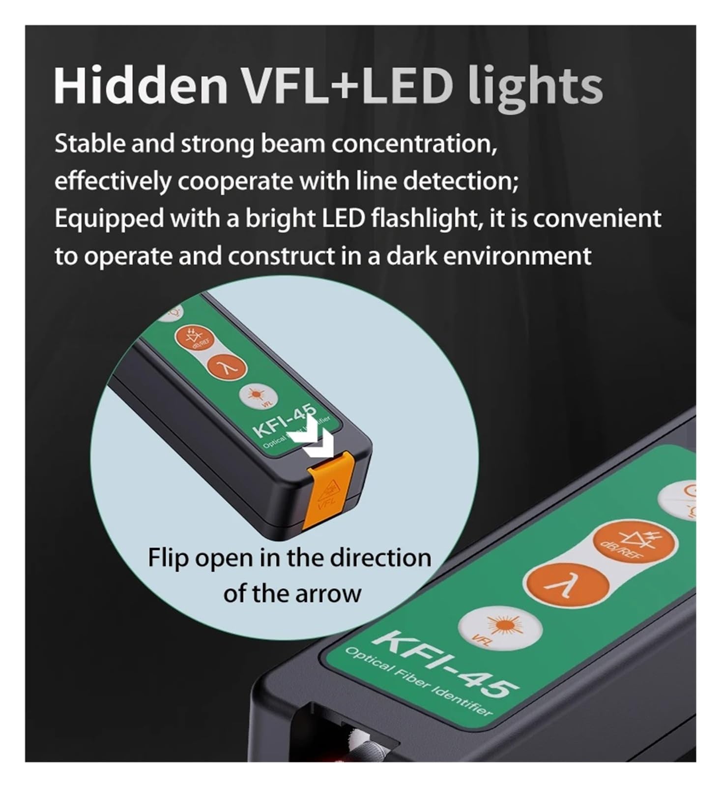 Longitud de onda 800-1700nm KFI-45 del identificador de tráfico de fibra óptica con VFL de 10MW, medidor de potencia y luz LED Error bajo | KFI-45-C