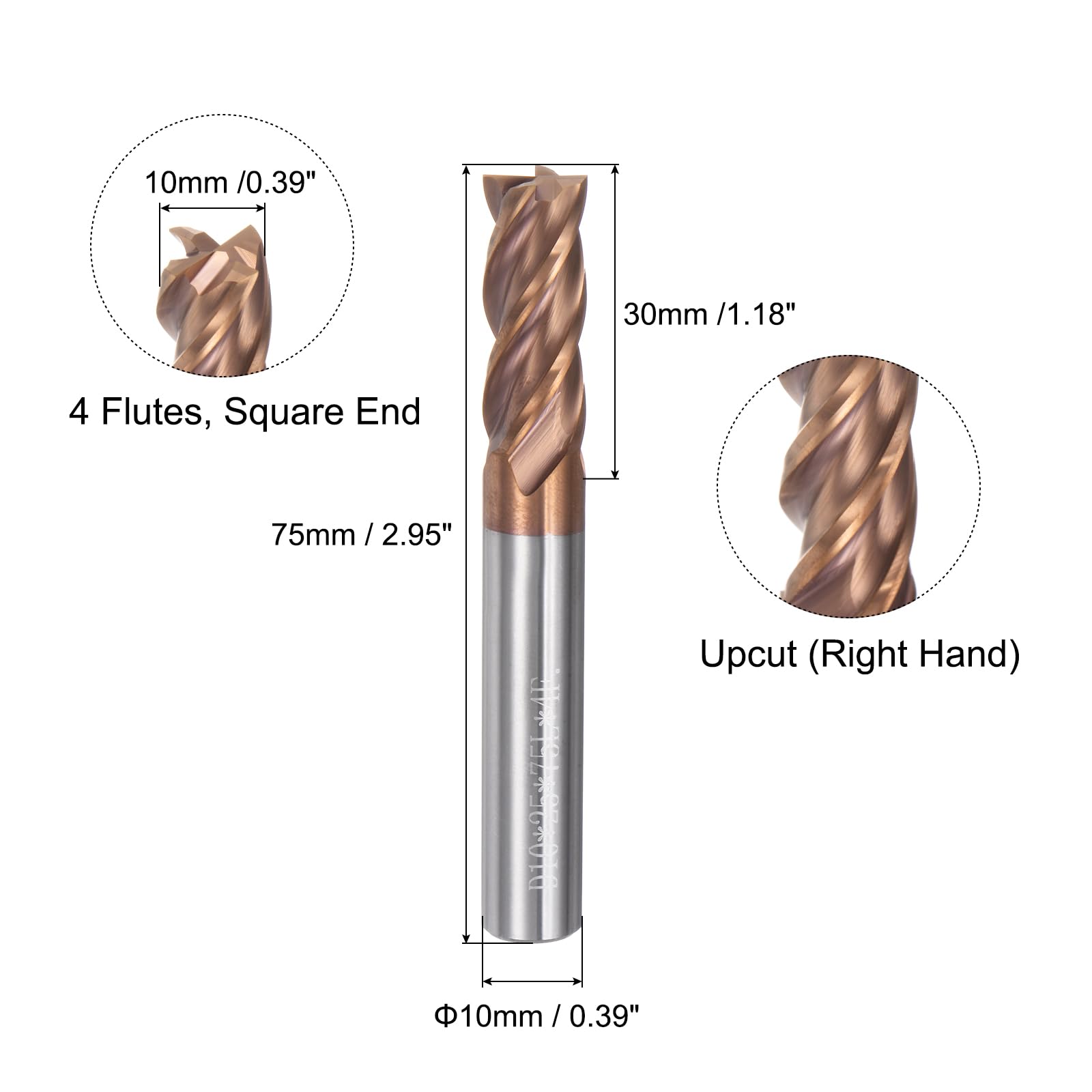 QUARKZMAN Fraise à Bout Carré de 10 mm de Diamètre, Tige de 10 mm, 4 Flûtes, en Carbure Hrc50 Revêtu d'Altin, pour Fraiser en Bout, Usinage Cnc, Noir