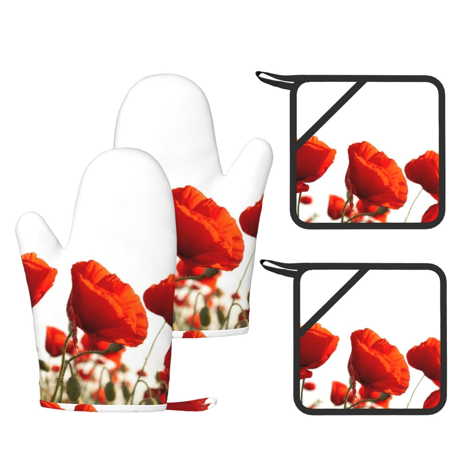 Coquelicots Rouges,Gants de Cuisine et maniques (Lot de 4), antidérapants Gants de Four résistants à la Chaleur