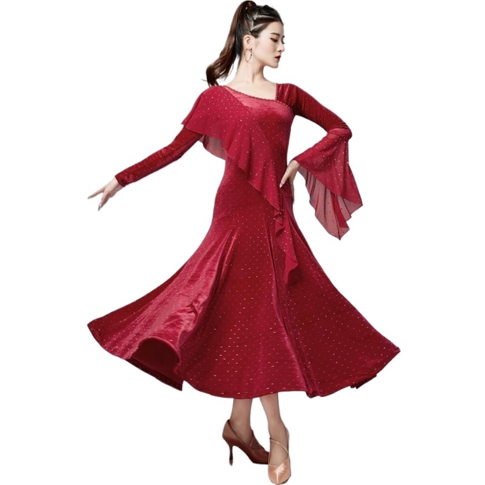 Ballkleider für Damen Modernes Tanzkleid Standard Walzer Freundschaftswettbewerb Performancekleid Samtkleid(Wine Red,XXL)
