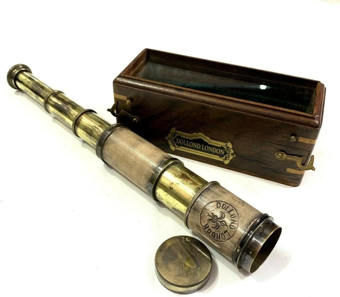 Maritime 16" Dollond London Solid Brass Leather Covered Telescope Handheld Spyglass with Wooden Box
