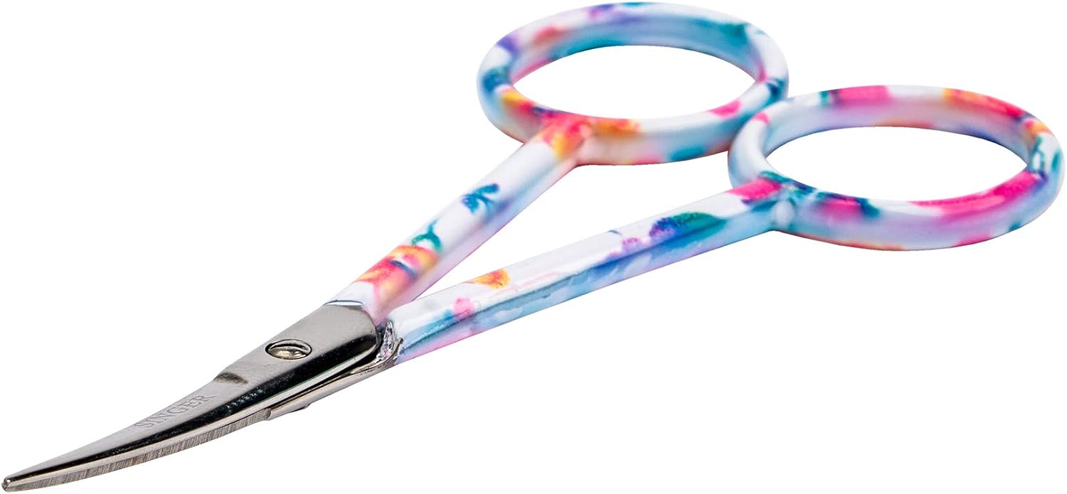 SINGER 4 Inch Forged Embroidery Scissors with Curved Tip for Sewing, Cross-Stiching, Crafts, & More (White Floral Printed, 1-Pack)