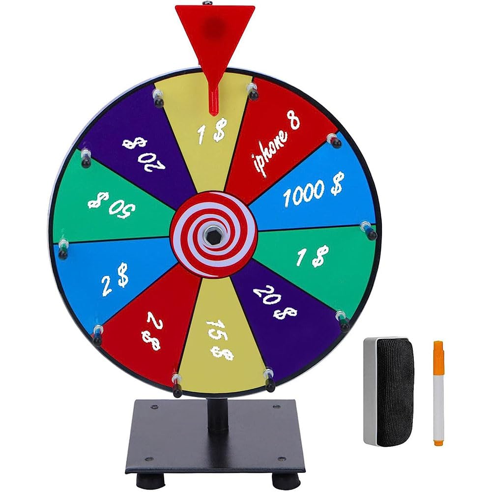 12-Zoll-Lotterie-Glücksspiel-Drehteller, drehendes Gewinnrad mit trocken abwischbarem Marker und Radiergummi, 10 Steckplätze, robustes, bearbeitbares Drehrad für Glücksdrehspiele, Karneval, Messen A