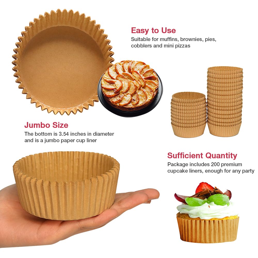 Forros extra jumbo para cupcakes, 200 unidades, 3.54 pulgadas de pergamino para hornear, papeles para magdalenas, tazas para hornear (marrón)