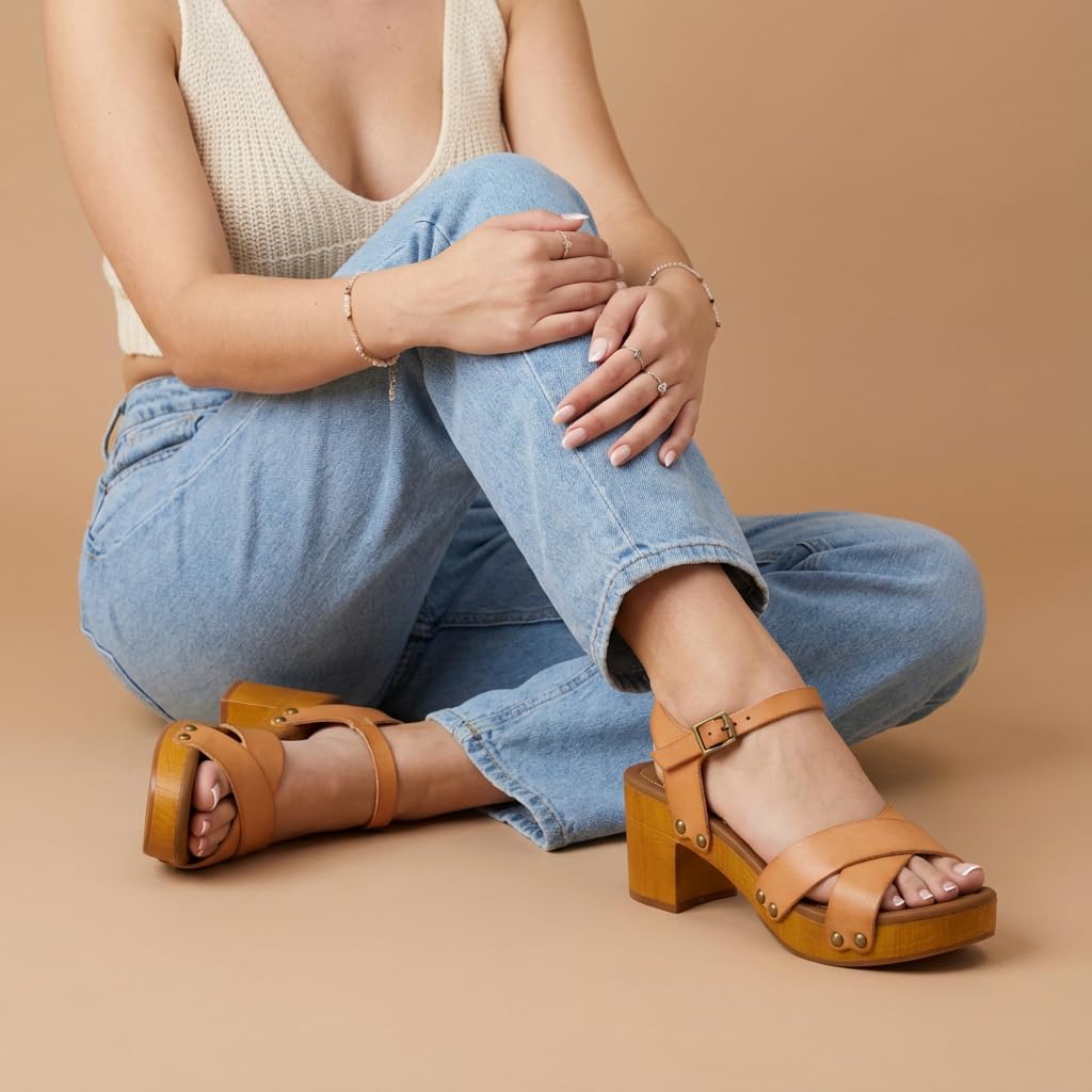CUSHIONAIRE Slate Faux Wooden Heel Sandal, Comfortable Platform Sandals with Chunky Heels for Women, Wide Widths Available