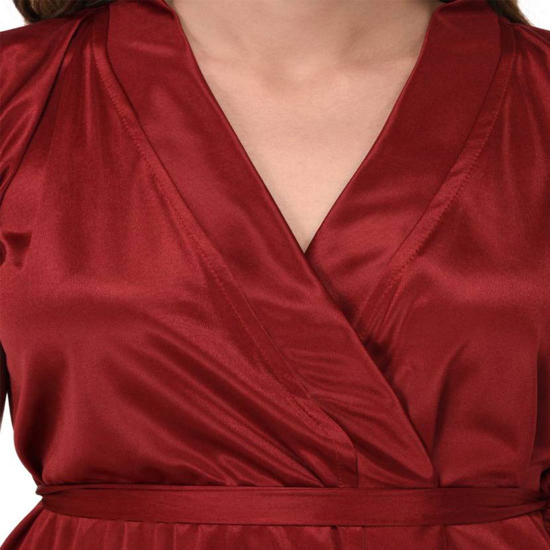 Misticwomen Satin Babydoll Belted Kimono Robe Large Maroon