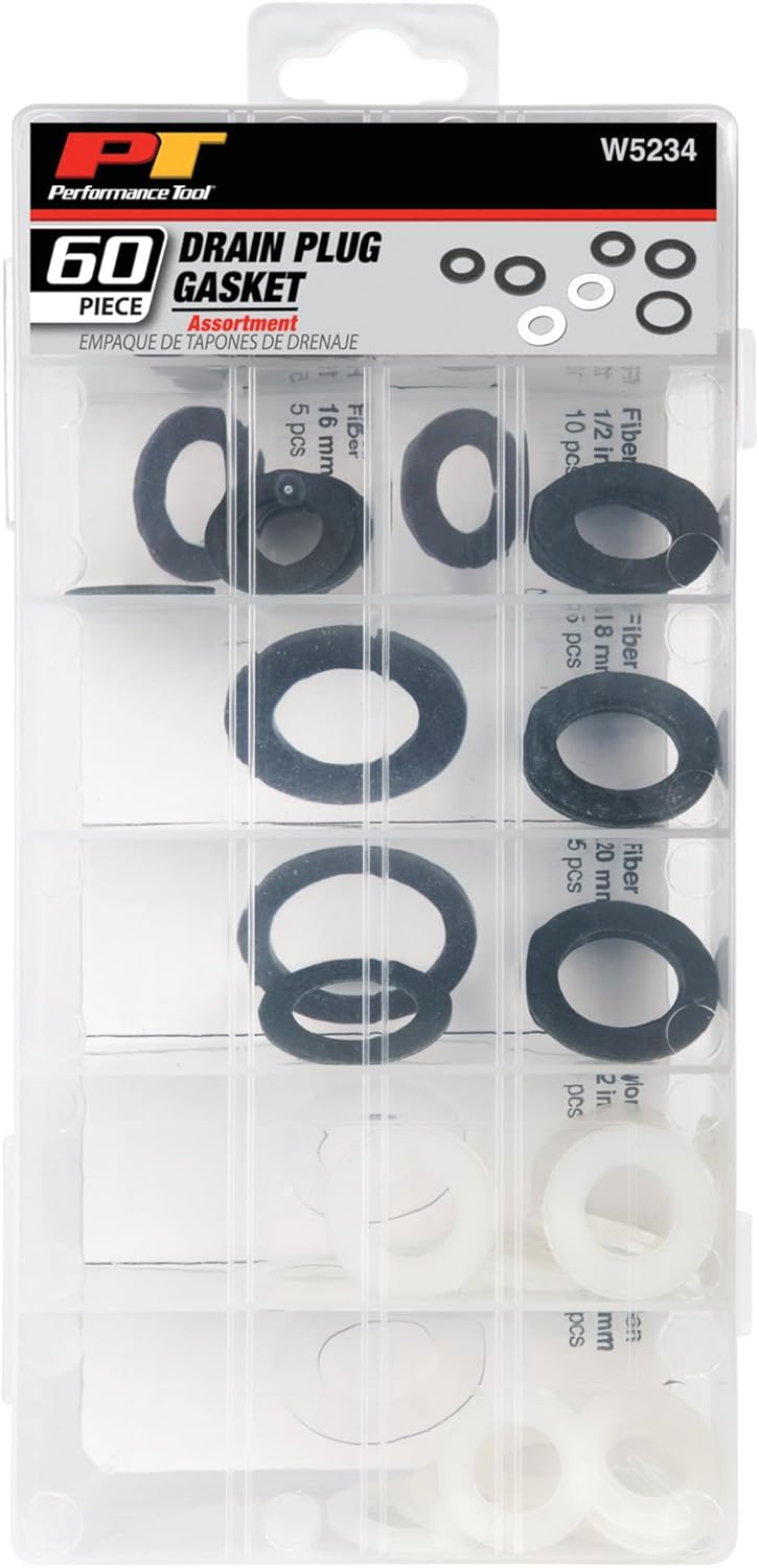 Performance Tool W5234 60pc Drain Plug Gasket Kit in its retail packaging, showing the clear case and product label.