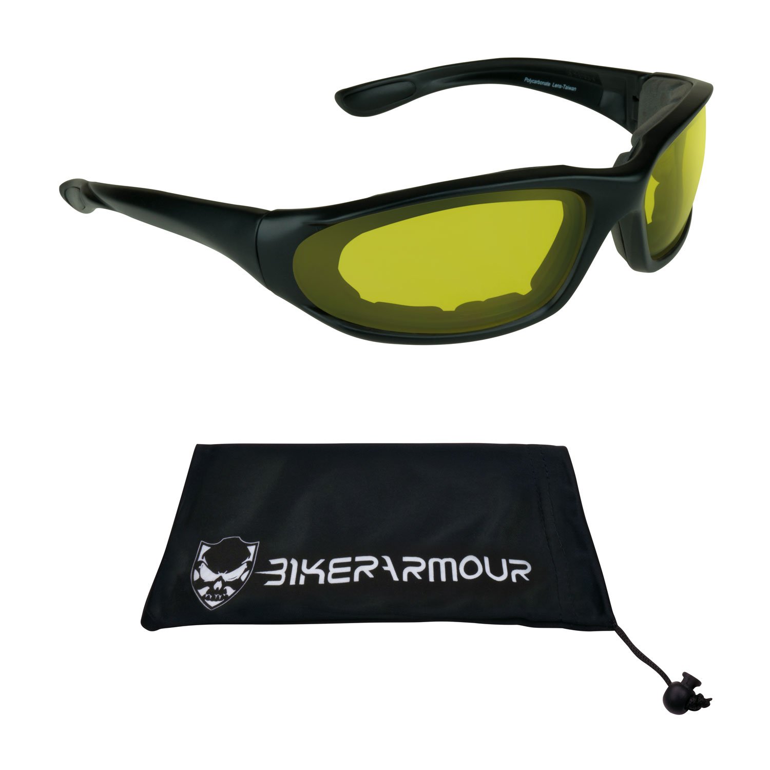 Bikershades Motorcycle Safety Sunglasses Yellow Night Riding Driving Anti Glare Wrap Foam Padded Cushion Protection Wind Block Prevent Dry Eye Sport