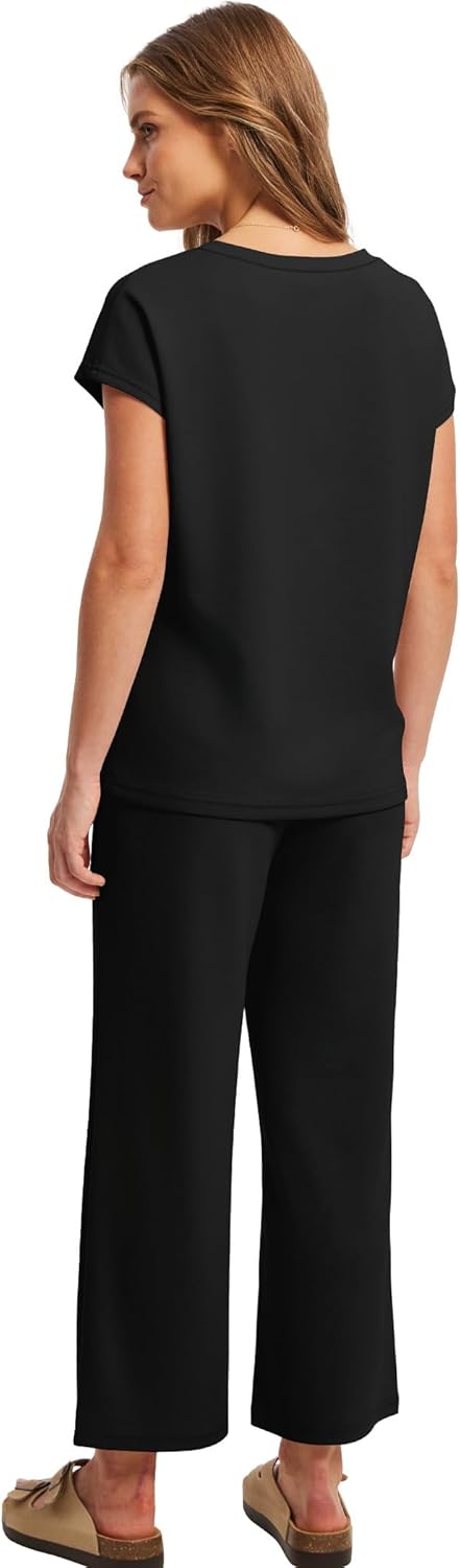 Saloogoe Two Piece Sets for Women Summer Outfits Lounge Sets V Neck Tops Wide Leg Pants Woman Vacation Travel Outfits - Image 5