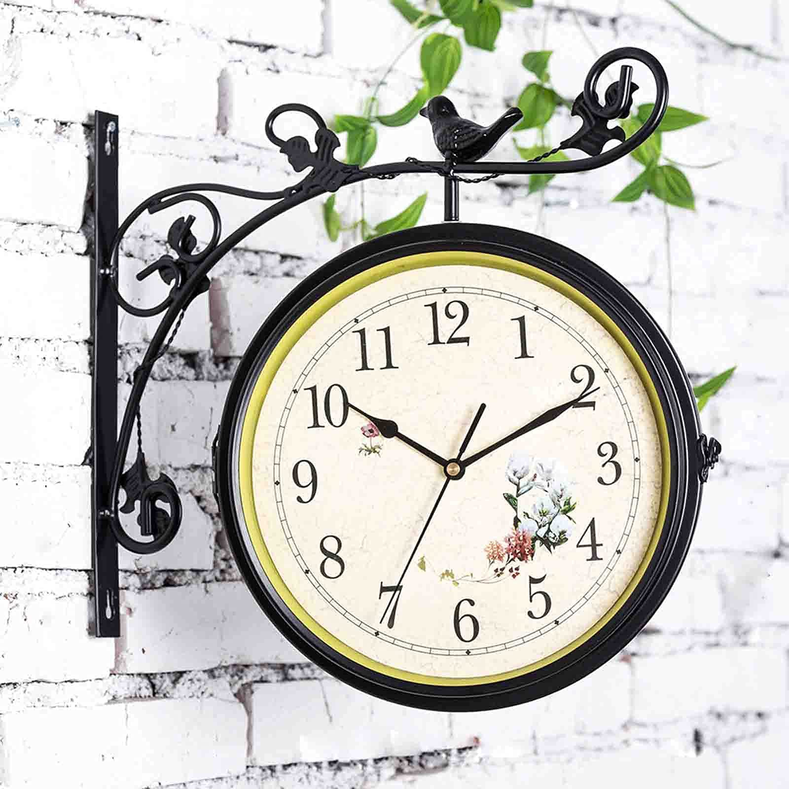 MYUYEE Double Sided Wall Clock Station Clock Little Bird Design Wrought Iron Train Clock 360 Degree Rotate for Indoor Garden - Outdoor Clocks Waterproof,Black-a (Black-b)