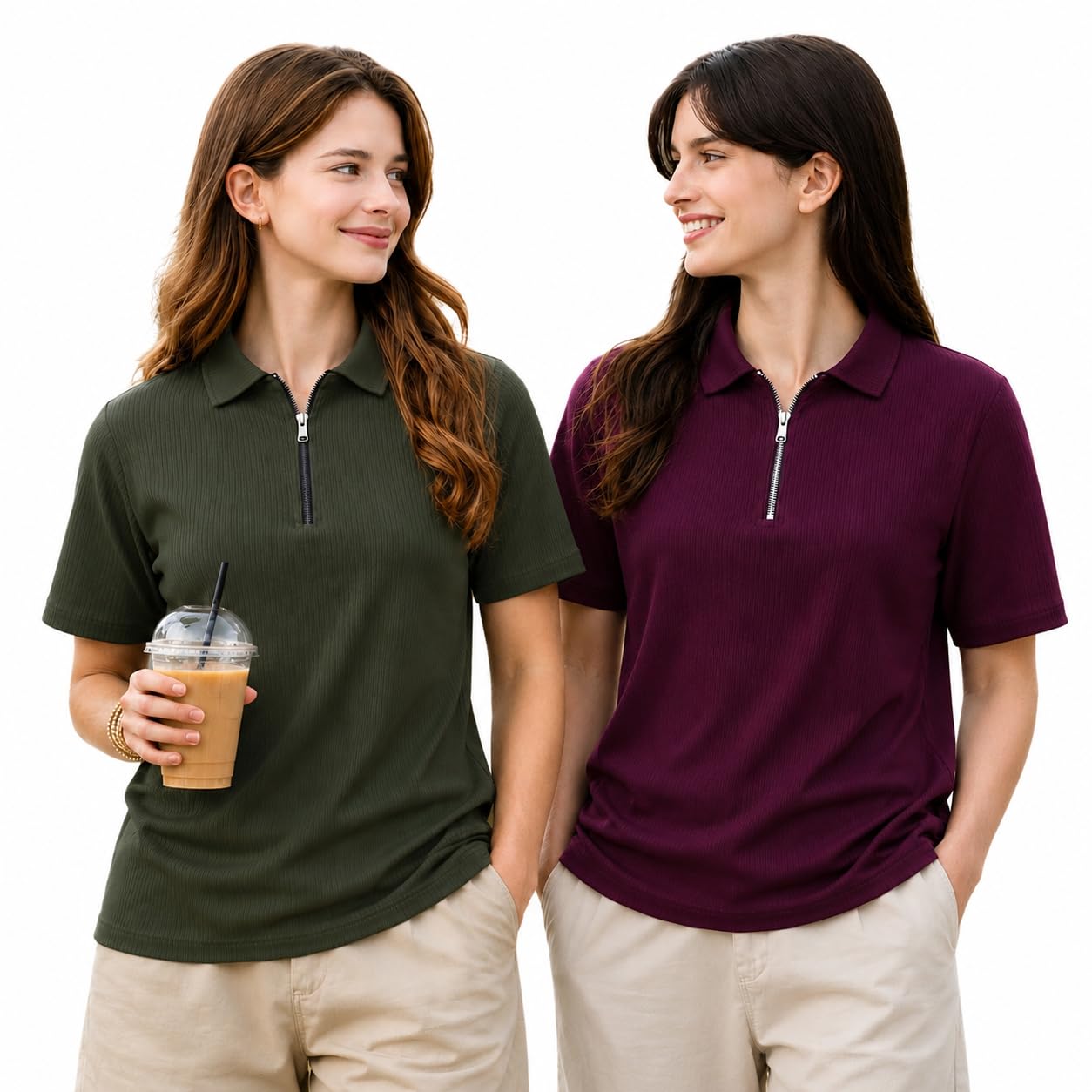 mack jonney Women's Regular Fit Ribbed Half Zip Polo T-Shirt | Cotton Blend | Collared Neck | Half Sleeve Casual Top (Pack of 2)-MJ-478-picture-28