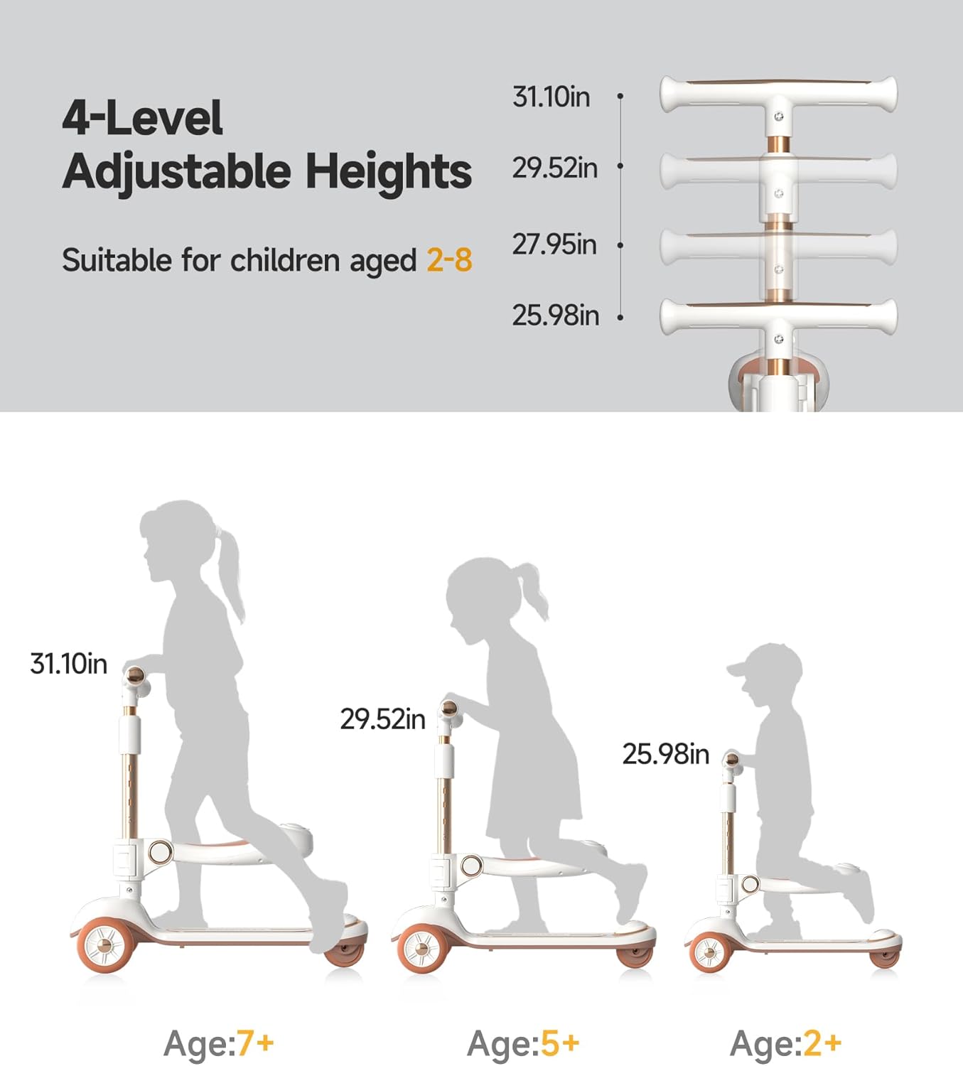 2-in-1 Kick Scooter, Adjustable Height Handlebars & Removable Seat, Foldable 3 Wheel LED Lighted Kick Scooter with Wide Anti-Slip Deck, for Kids Ages 3–8 Boys & Girls, Outdoor Ride-On Toy - Image 3