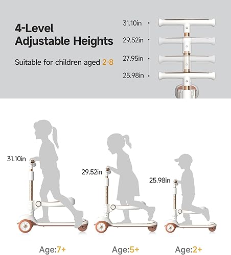 Miniatura 3 de 2-in-1 Kick Scooter, Adjustable Height Handlebars & Removable Seat, Foldable 3 Wheel LED Lighted Kick Scooter with Wide Anti-Slip Deck, for Kids