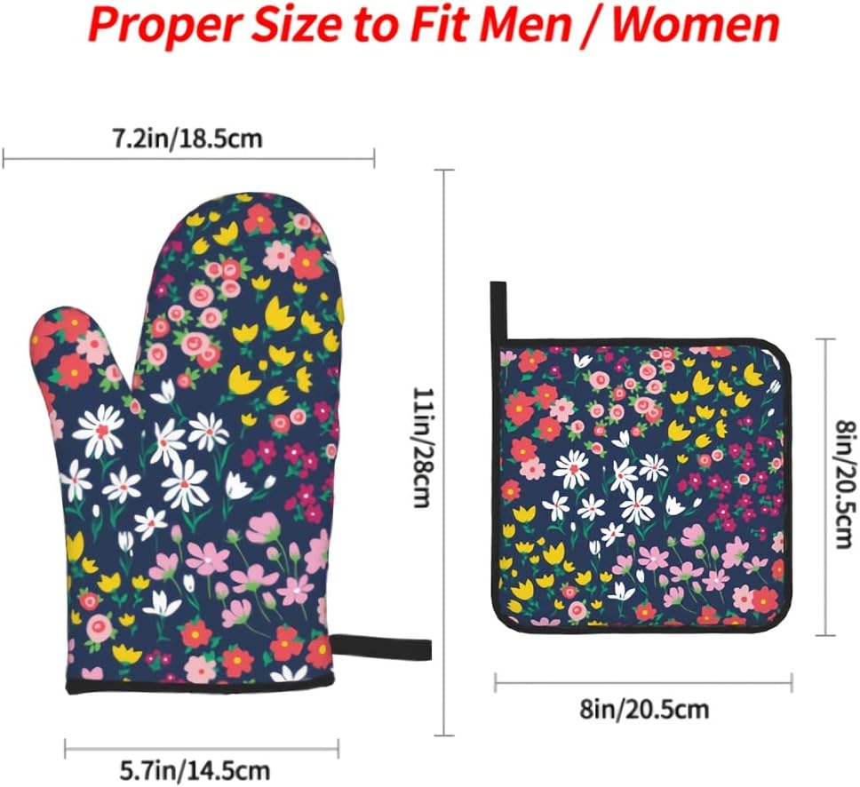 Oven Mitts and Pot Holders Set 4pc Thicken Gloves Cooking Grilling Lovely Flower