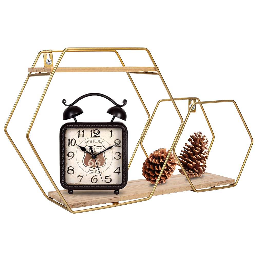 Fasyou Hexagon Floating Shelves Cute Gold Honeycomb Shelves Wall Mounted Shelves with Metal Bracket Rustic Solid Wood Wall Shelves for Living Room,Bedroom,Gold