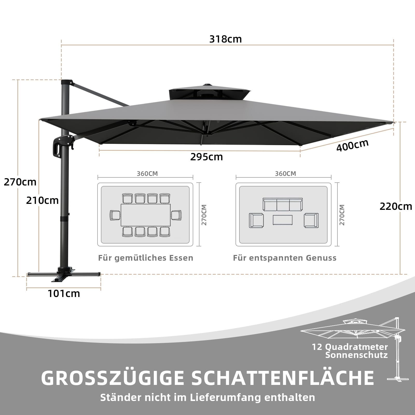 UDPATIO Sonnenschirm 400 x 300 cm Rechteckig mit Ständer, Ampelschirm Groß Aluminium, Marktschirm - Doppeldach, Gartenschirm 360° mit Kurbel, Balkonschirm, Sonnenschutz UV50+, (Grau Wasserdicht)