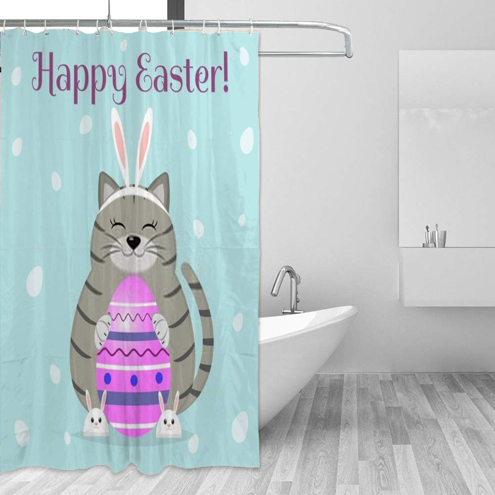 Rideau de douche long chat gris et lapin avec 12 crochets