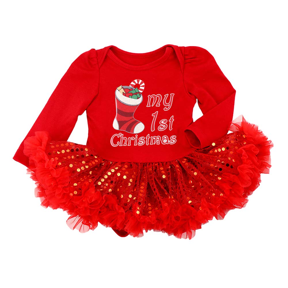 IMEKIS Baby Mädchen Mein 1. Vestito di Natale Body Tutu Abito Pagliaccetto Fascia Scarpe Natale Costume Principessa Compleanno Party Outfit Fotoshooting Set Rot + Strumpf 12-18 Mese