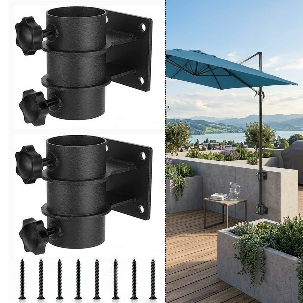 Confezione da 2 Supporti per ombrelli in Ferro Resistente, Regolabili, con Staffa a Doppio Morsetto, per Patio e Giardino, Adatti per Pali di Diametro da 3,3 a 5,3 cm