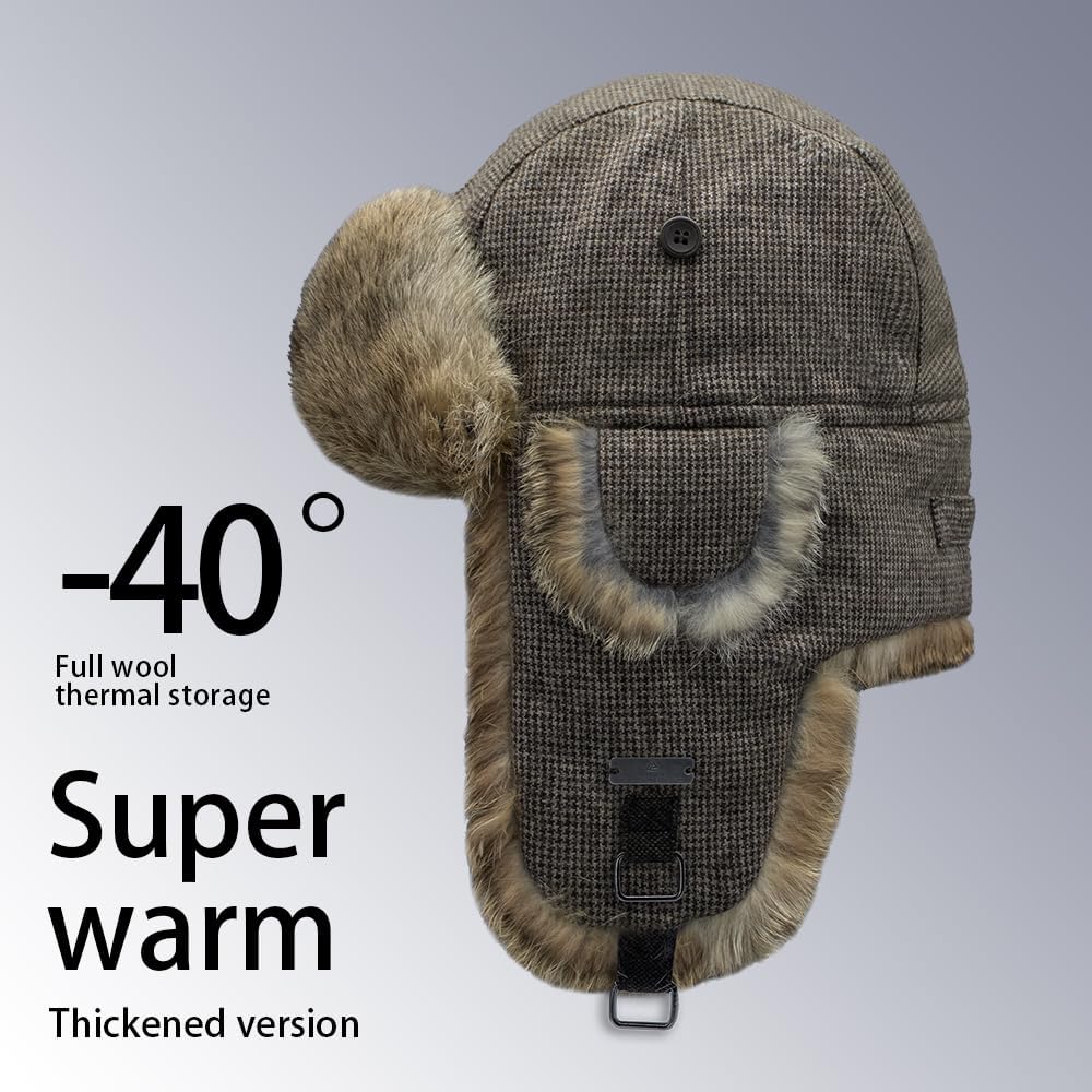 Winter Trapper Hat,100% Rabbit Fur Aviator Russian Trooper Hunting Ski Hat with Ear Flaps for Men & Women - Image 5