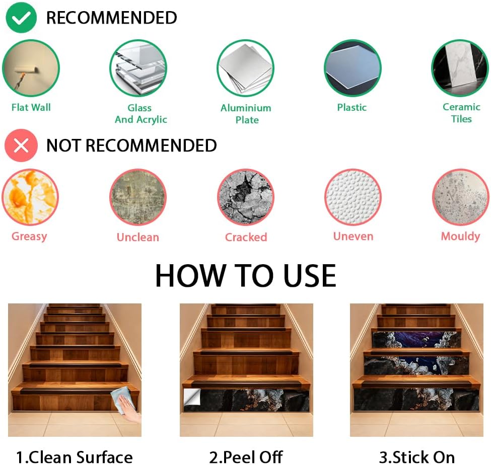 Hpbbspring 15Pcs Staircase Stickers Galaxy Space Planet Tile Stickers Beauiful Universe Self-Adhesive Water Proof Staircase Decor for Steps Garden Coffee Pubs 39.3" W x 7.08" H