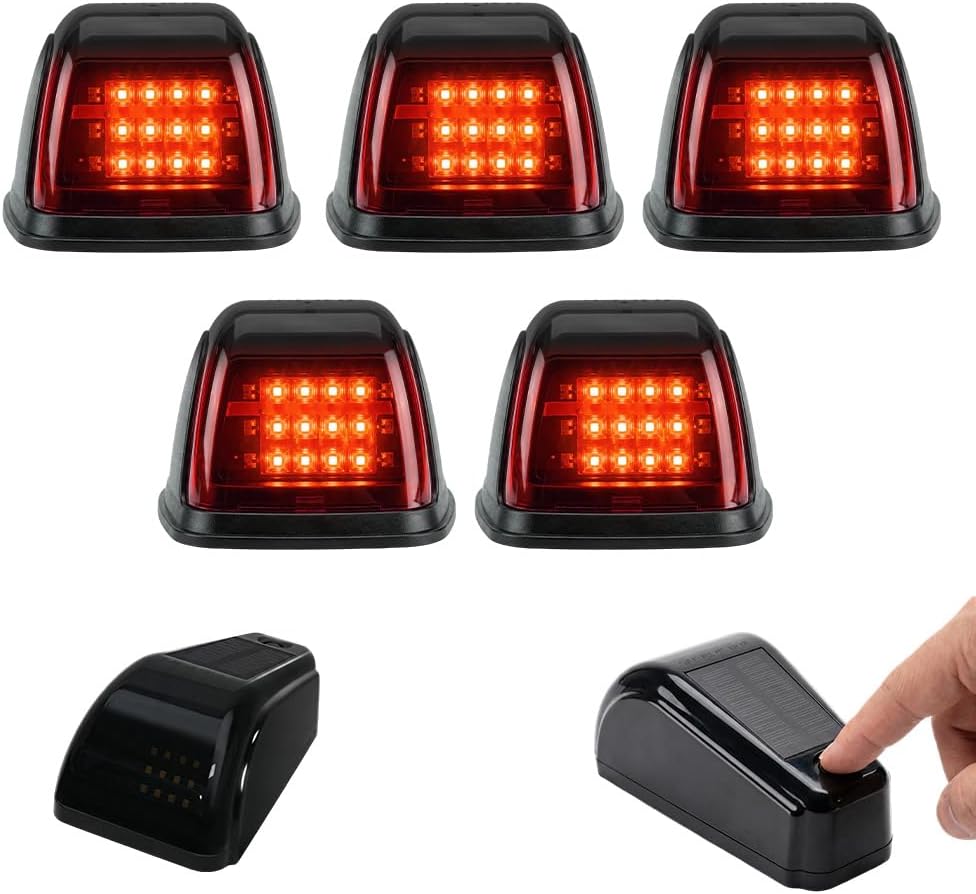 5Pcs Solar Powered Cab Lights for Trucks, 2026 Upgrade Wireless No Drill Roof LED Marker Lights with Vibration Sensor, Waterproof Clearance Lights for Semi Truck, Pickup (Red)