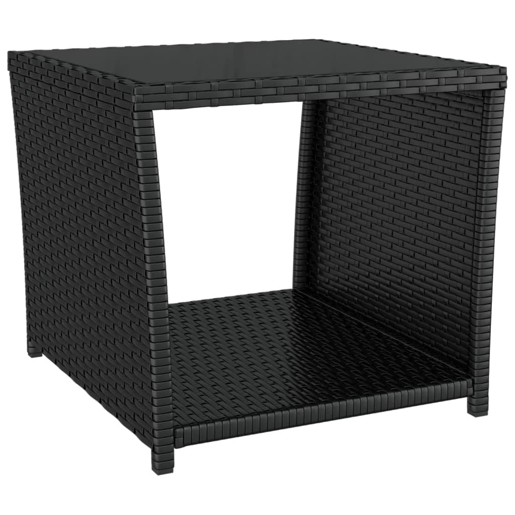 Juego de 3 sillas de jardín de ratán sintético y acero, color negro, con cojín acolchado grueso y mesa de cristal templado, máx. 110 kg por asiento