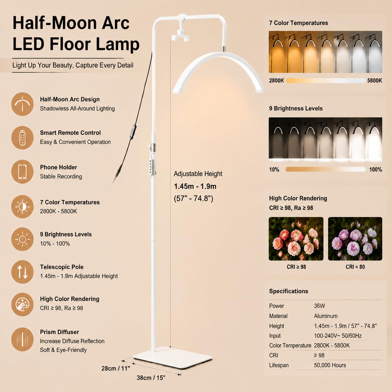 Lampada Mezza Luna Estetica con Telecomando,Lampada Extension Ciglia Professionale,Lampada Lashmaker,Luce Led Centro Estetico,Lampada Da Terra Nero Estetista per Unghie,Tattoo (bianco, 36W)