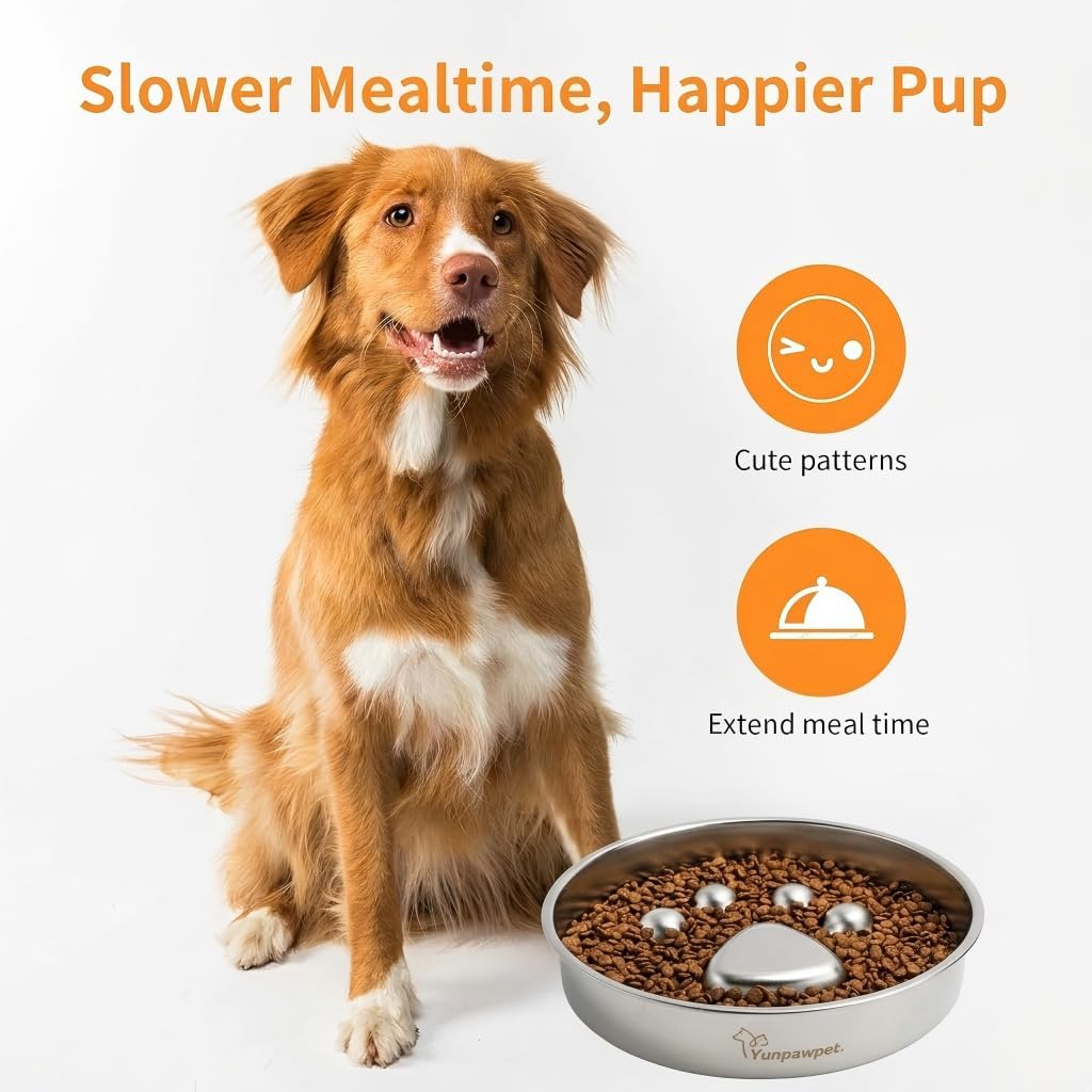 Slow Feeder Dog Bowl Stainless Steel, Metal Dog Slow Feeder for Small Medium Large Dogs, Anti-Tip & Non-Slip Bottom, Help Improved Digestion and Prevent Choking