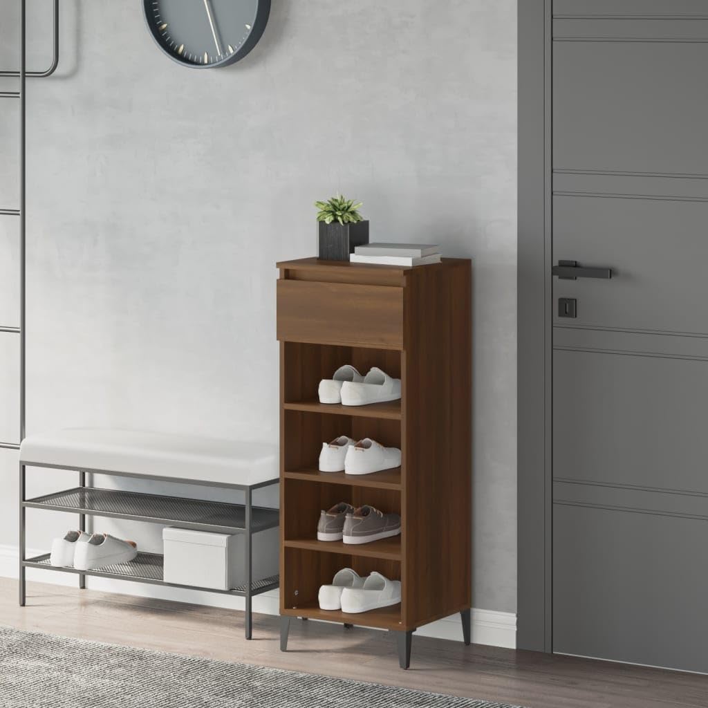 Regał na buty, brązowy, wygląd dębu, materiał drewnopochodny z metalowymi nóżkami, 40 x 36 x 105 cm, szafka na buty z szufladą i 3 półkami, do korytarza, przedpokoju, sypialni, porządek i