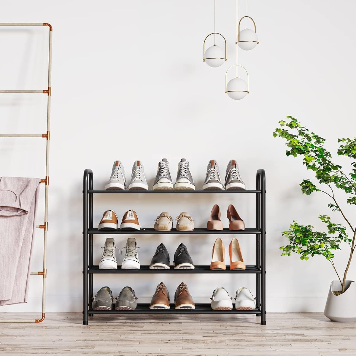 FANHAO Étagère à Chaussures 4 Niveaux en Acier Inoxydable pour Ranger Les Chaussures - Peut contenir jusqu'à 12 Paires de Chaussures, pour Salon, vestiaire et Couloir, 68 x 26 x 65 cm (Noir Mat)