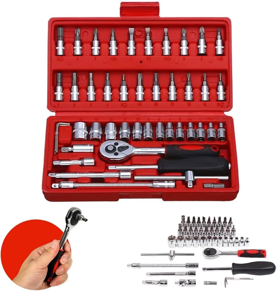 Kit de Ferramentas 46 Peças Chave Catraca – Kit de Soquetes 6,35 mm, Bits, Extensor e Estojo – Conjunto Profissional para Reparos Automotivos, Domésticos, Bicicletas e Manutenção Geral
