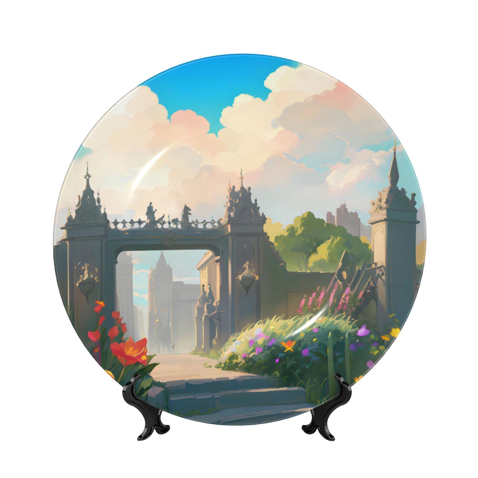 SXZVVBN Outside the Castle Gate Bone China Decorative Plate Art with Stand Removable Adhesive Hanging for Home Office 7in