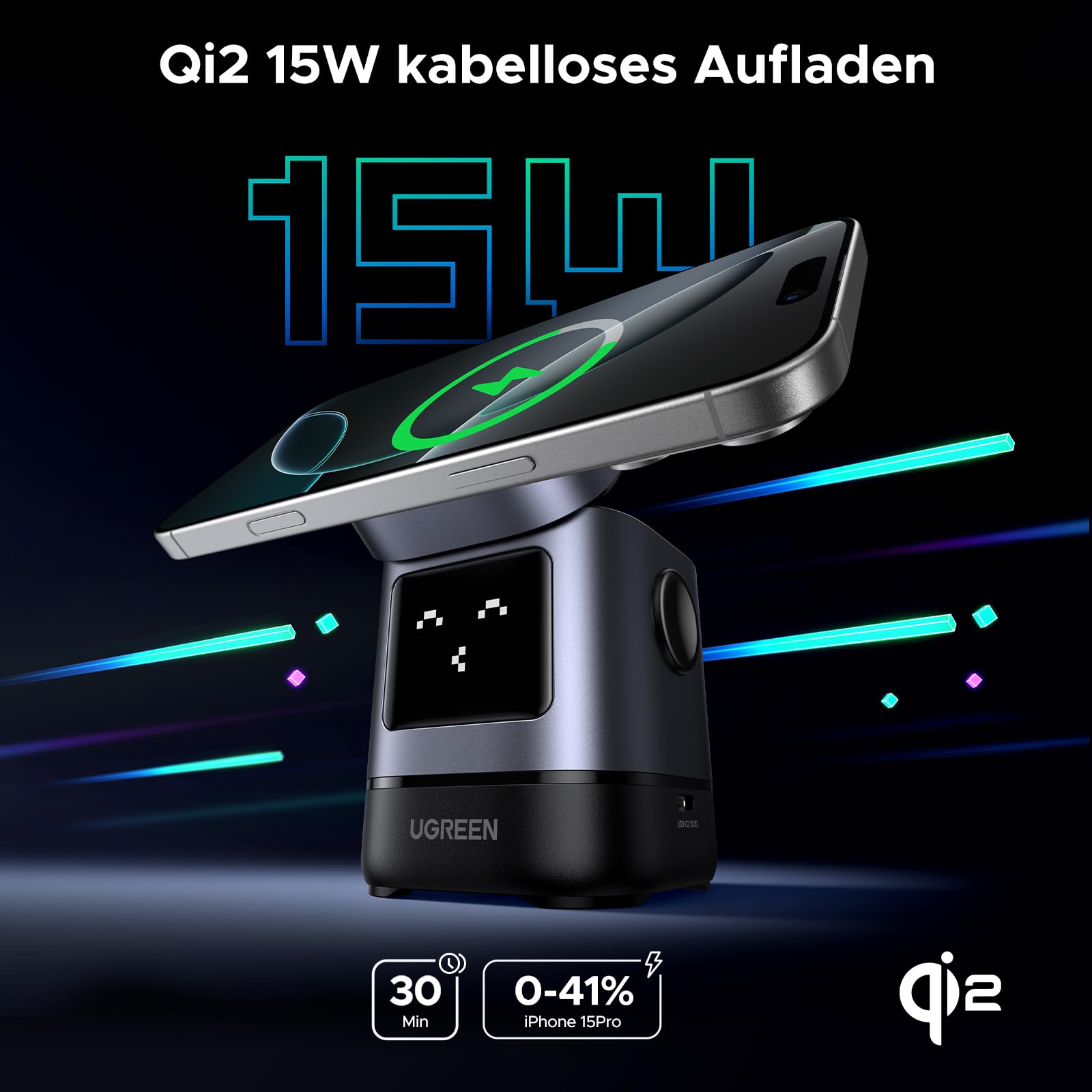 UGREEN UNO 2 in 1 Qi2 zertifizierte Ladestation, 15W iPhone Ladestation kompatibel mit MagSafe, magnetisches Wireless Charger für iPhone 17/16/15/14/13, AirPods 2/3, Winkel-Einstellbarer Ladeständer