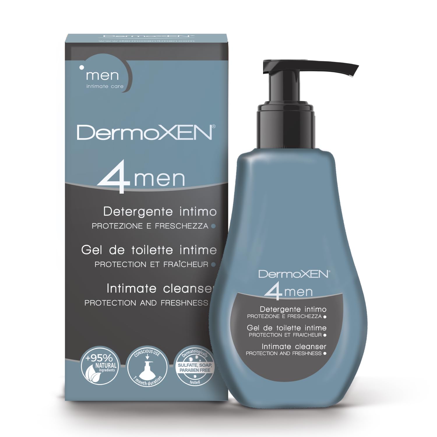 DERMOXEN Detergente Intimo Uomo - Sapone Intimo Antibatterico 125ml | Antiodore delicato e Rinfrescante con Mentolo e Fibre Prebiotiche. Uso Quotidiano, Ph Fisiologico. Igiene Intima Maschile