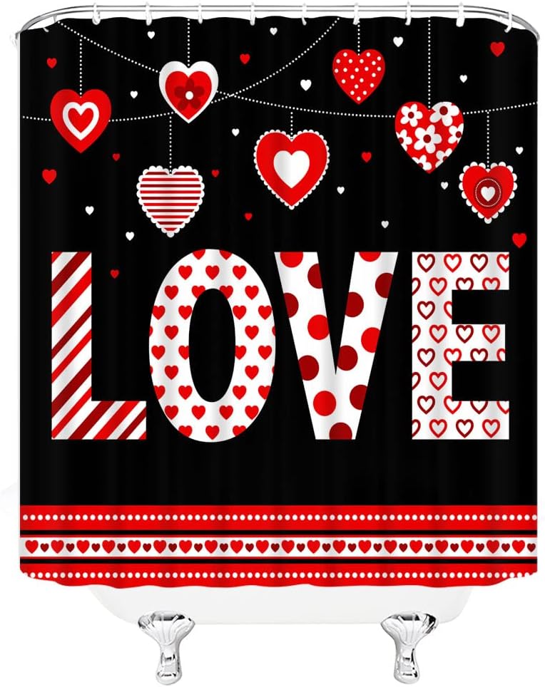 Valentine's Day Shower Curtain Happy Lovers Red Love Heart Abstract Black Elegant Romantic Fashion Black Background Bathroom Curtain 90WX70H in with Hook