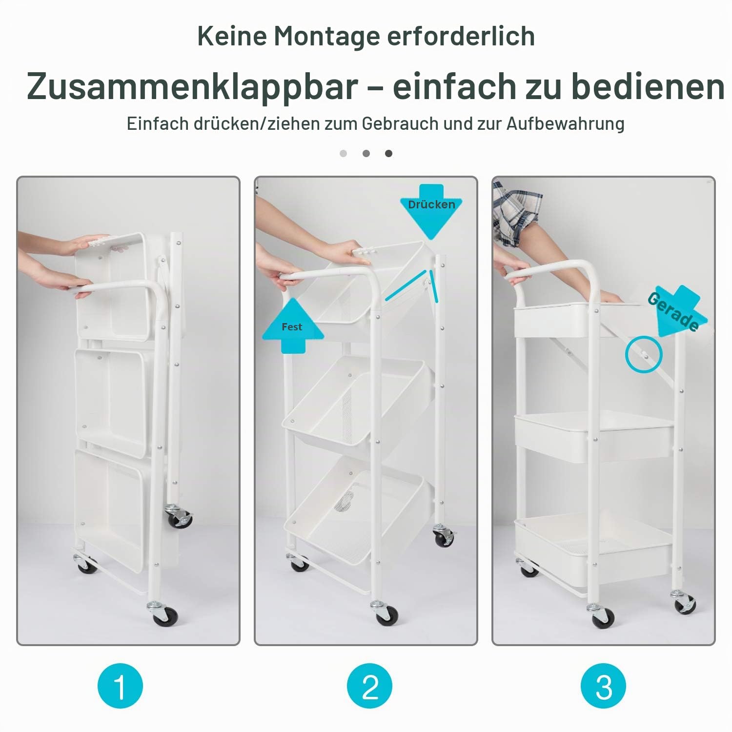 Dripex Rollwagen Metall, Faltbarer Servierwagen, Küchenwagen mit Rollen, Küchenregal mit 3 Ebenen, Allzweckwagen Keine Installation erforderlich, Weiß