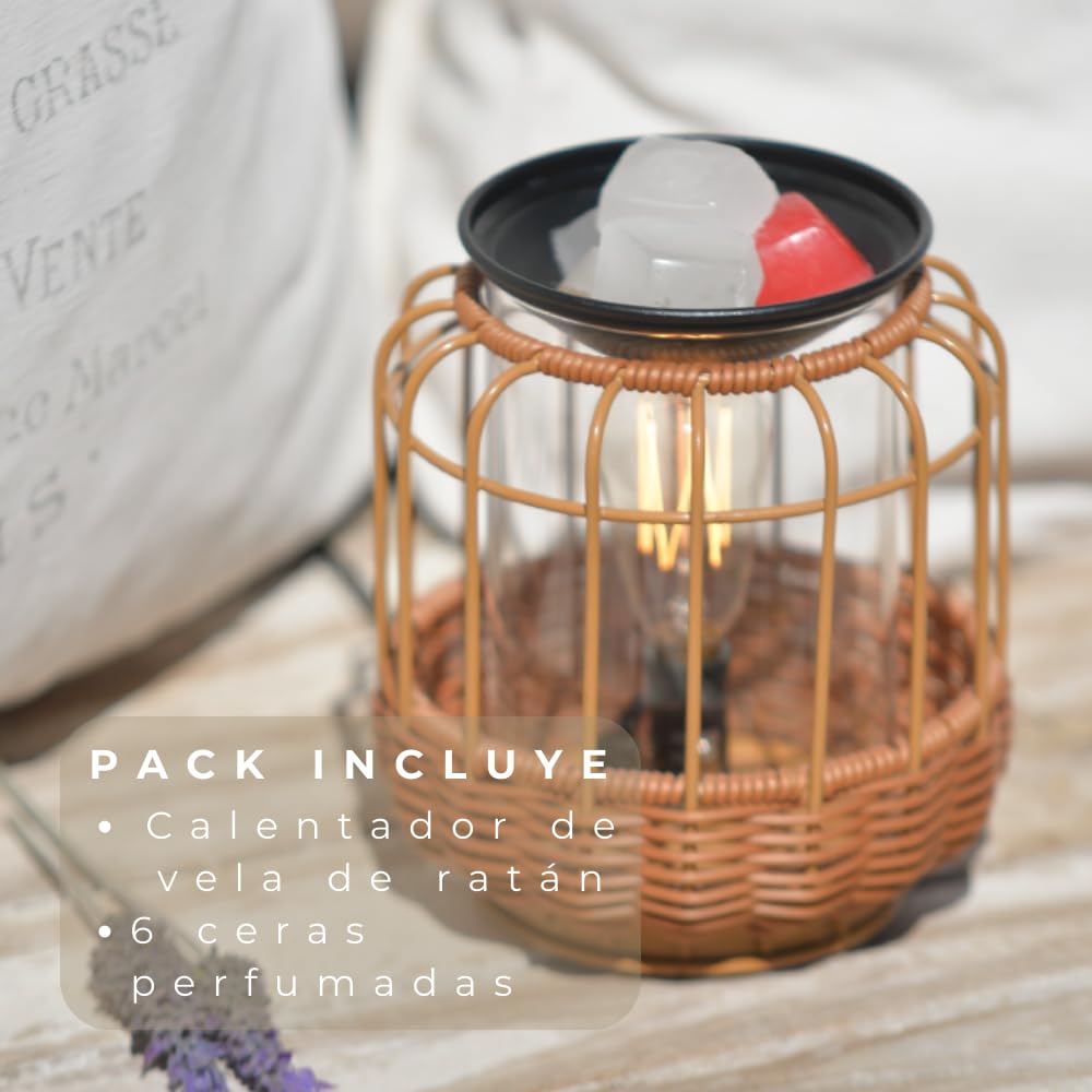 Quemador de Velas aromáticas y Quemador de aceites Esenciales eléctrico | luz cálida | Calentador Velas | aromaterapia | decoración del hogar | Incluye Pack de Ceras perfumadas | Ratan
