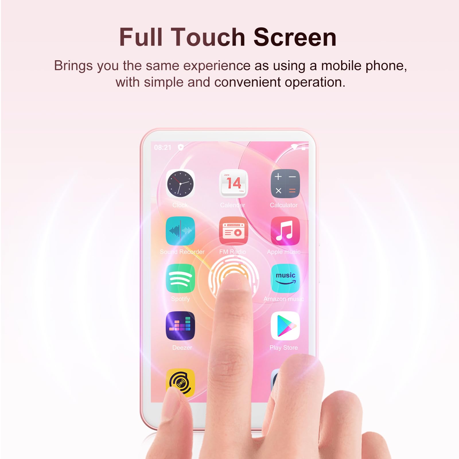 Reproductor de MP3 con Bluetooth y WiFi, Oilsky 80GB Portable MP3 Music Player con Spotify, Audible, Deezer, Reproductor MP4 de Pantalla Táctil 1080P de 4'', Android 9.0 (Rosa)