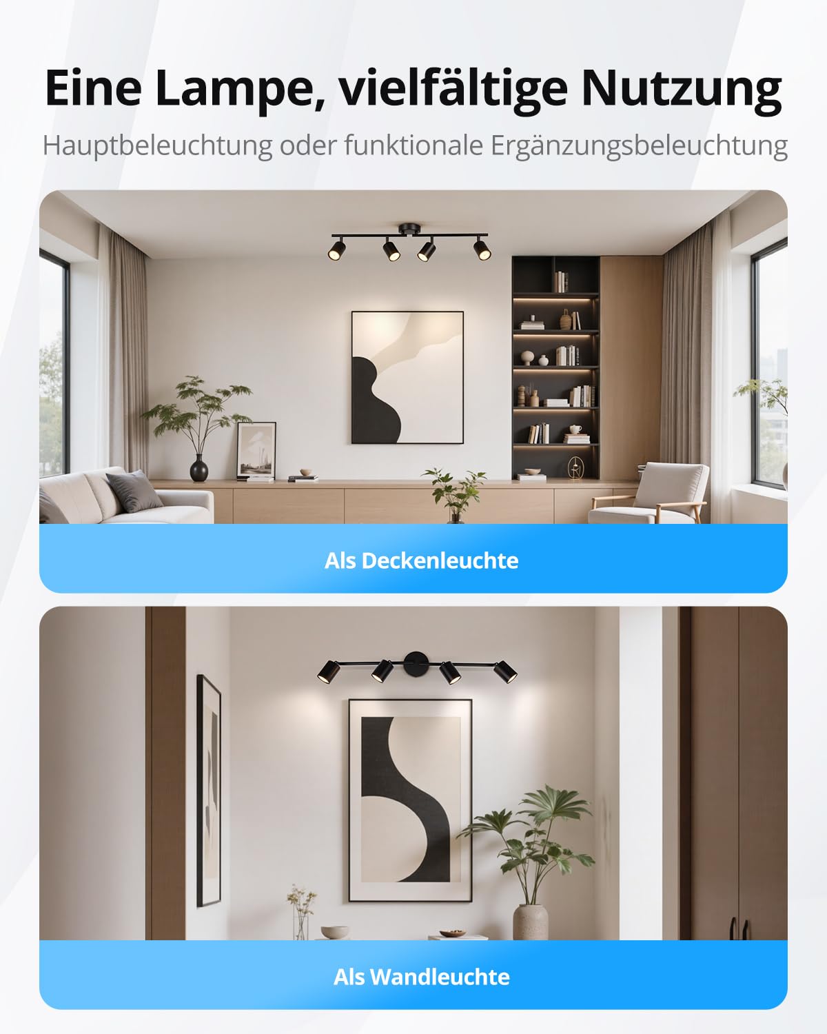Gr4tec Deckenstrahler Schwarz 4 Flammig, Modern Deckenleuchte Strahler Schwenkbar, Metall Deckenlampe Spots GU10, Küchenlampe Deckenspot für Flur Büro Schlafzimmer (Ohne Leuchtmittel)