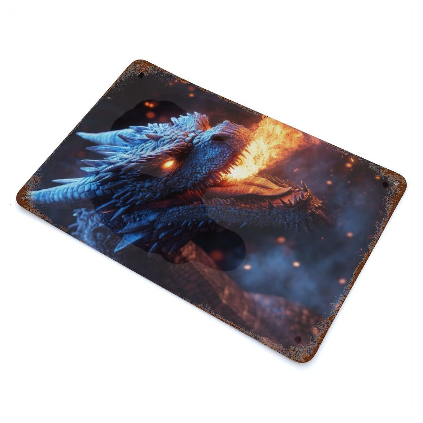 Retro Metal Sign with Fiery Dragon Portrait Design 11.8"x7.9", for Shed, Workshop And Garage Wall Decor, Industrial Home Decor