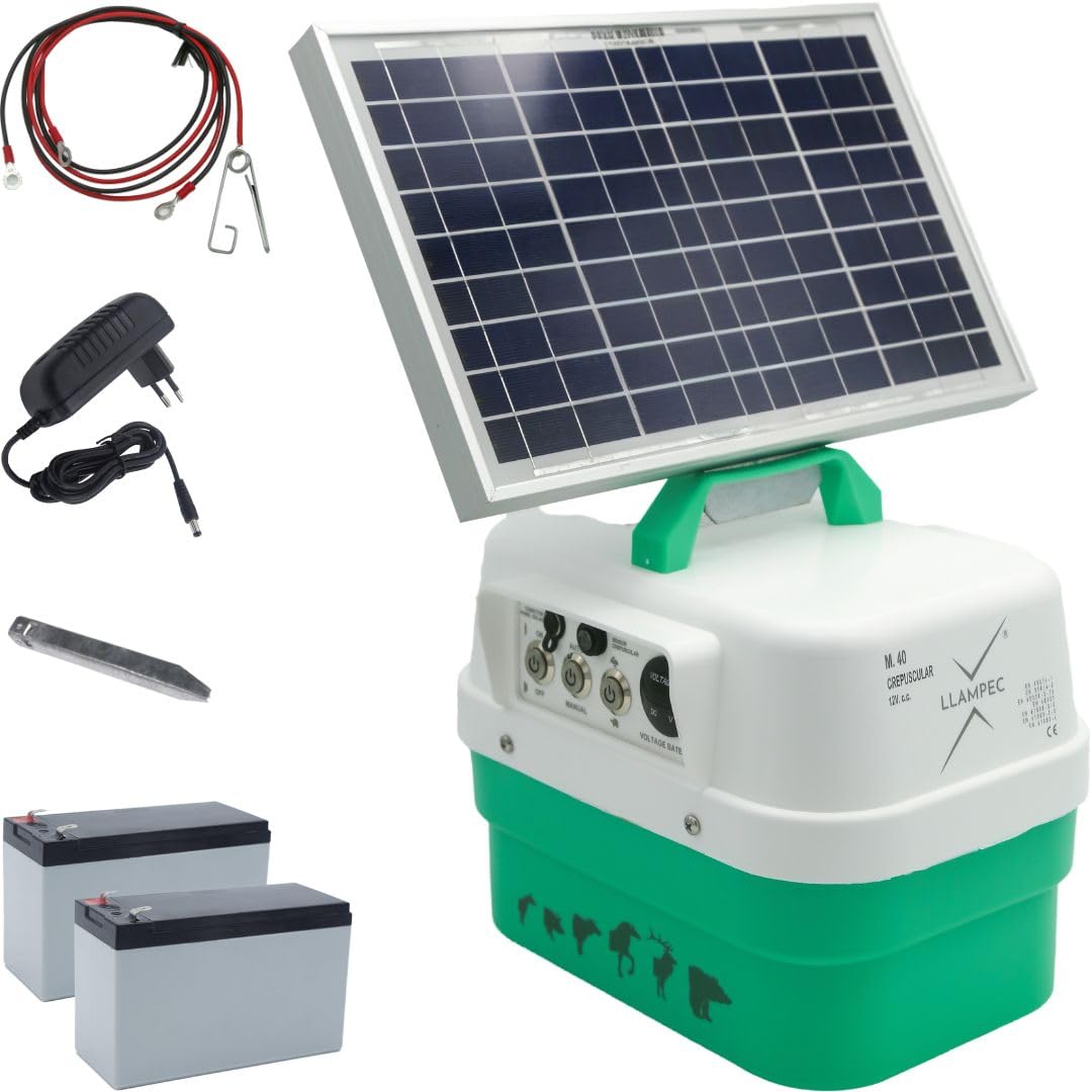 Pastor Eléctrico Solar Crepuscular Llampec Mod.40S – 4,5 J, 10.000 V y 45 km de Alcance – Especial Antijabalí con Sensor de Luz y Panel Solar 12 V 10 W Incluido – Fabricado en España