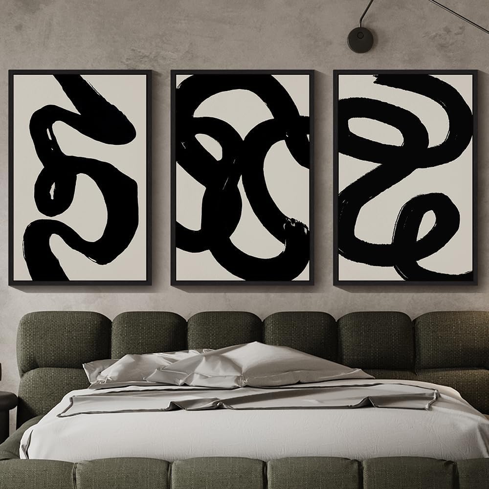 PHOPAGO Black Abstract Wall Art Large 24x36in Ink Wash Minimalist Lines Framed Canvas Painting Artwork Living Room Bedroom Home Decor Black Framed