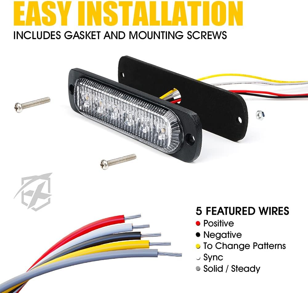 Xprite 10PCS LED Emergency Strobe Lights, Amber White 12-LED Surface Mount Flashing Lights, Sync Feature Ultra Slim Grill Light for Off-Road Vehicles, ATV, SUV, Trucks, Cars