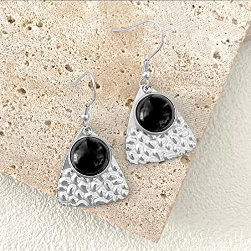 Hqfjw Healing Black Round Agate Onyx Stone Crystal Dangle Earrings,Platinum Plated Sterling Silver Hammered Geometric Real Genuine Quartz Gemstone Drop Earrings For Women Girls (D_Black Agate) #TOP1